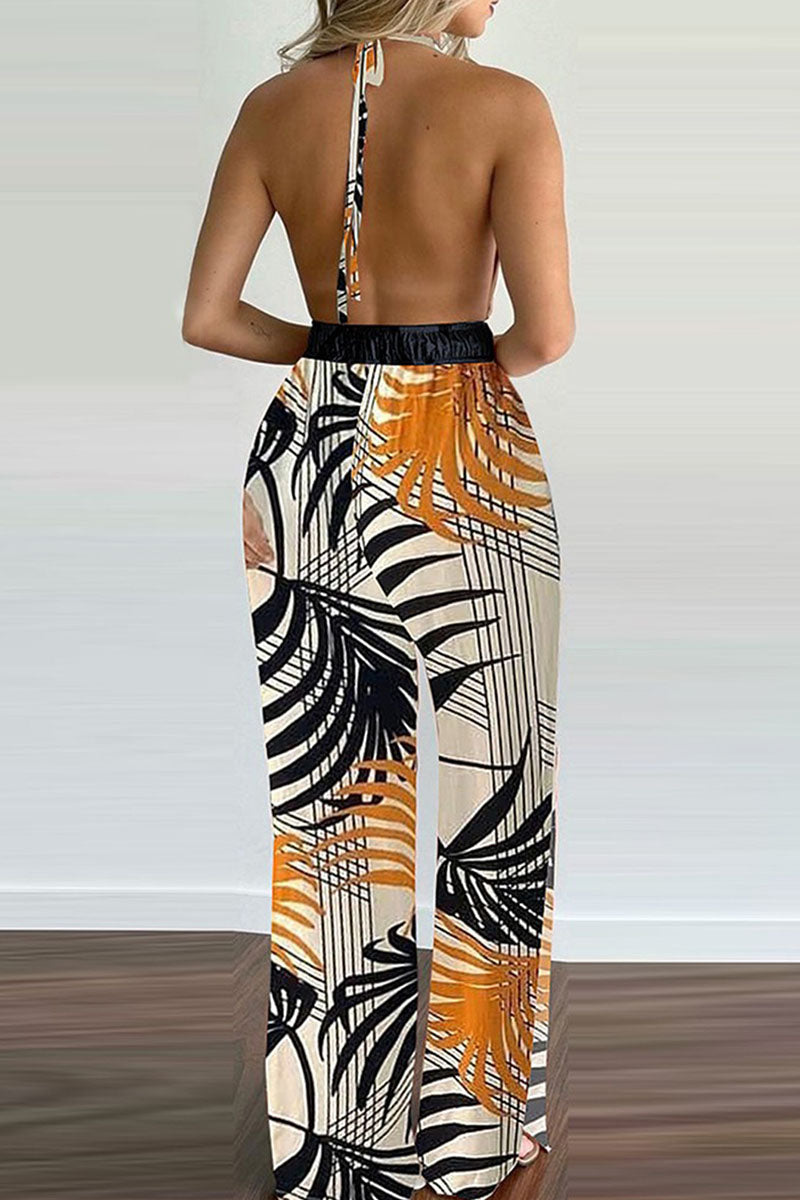 Fashion Simplicity Print Backless V Neck Loose Jumpsuits