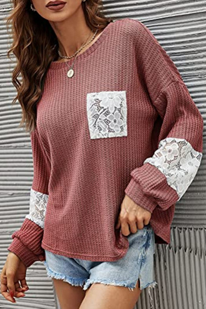Casual Patchwork Lace Split Joint O Neck Tops