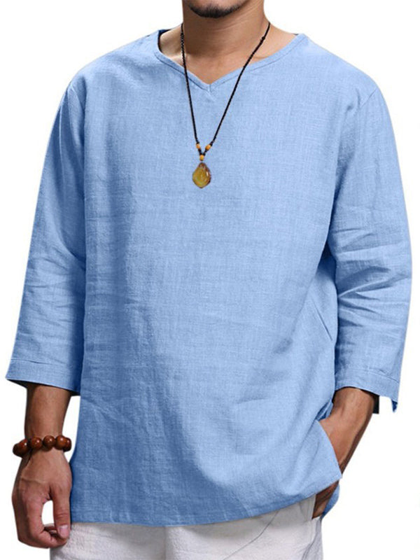 Men's Long Sleeve V Neck Loose Shirt