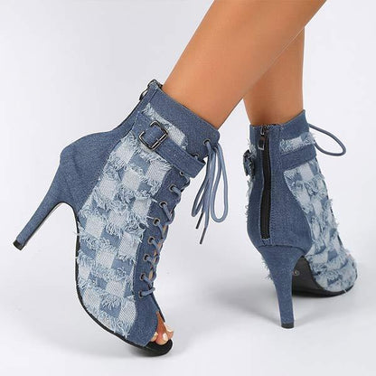 Women's Lace-Up Belt Buckle Small Checkered Denim Blue Sandals 36976940C
