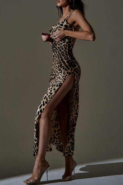 Sexy College Animal Print Print High Opening V Neck Sling Dress Dresses