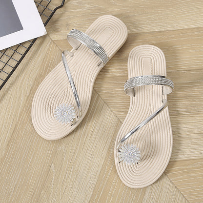 Women's Flower Rhinestone Flat Flip Flops