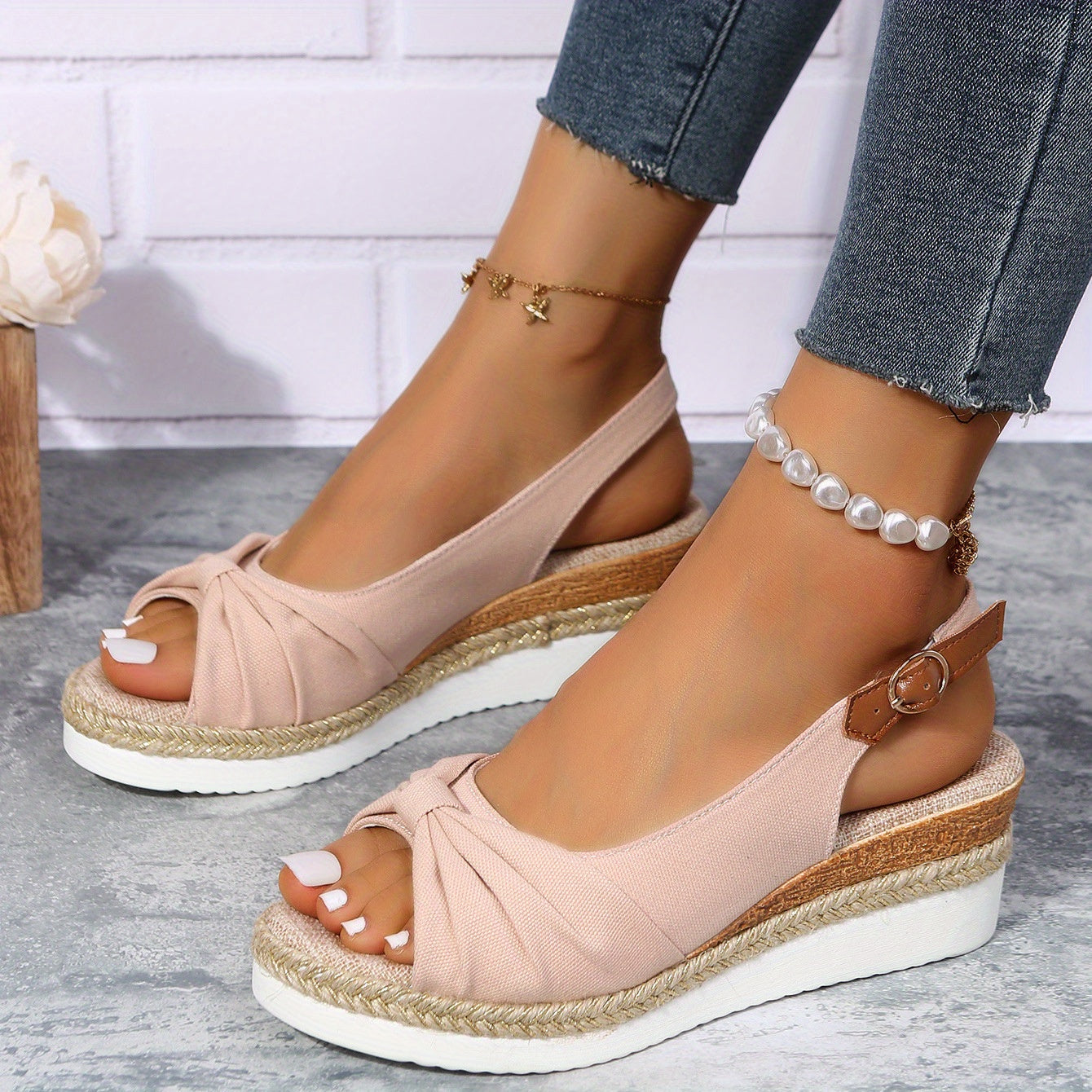 Peep Toe Slingback Wedge Sandals with Ankle Buckle Strap for Women