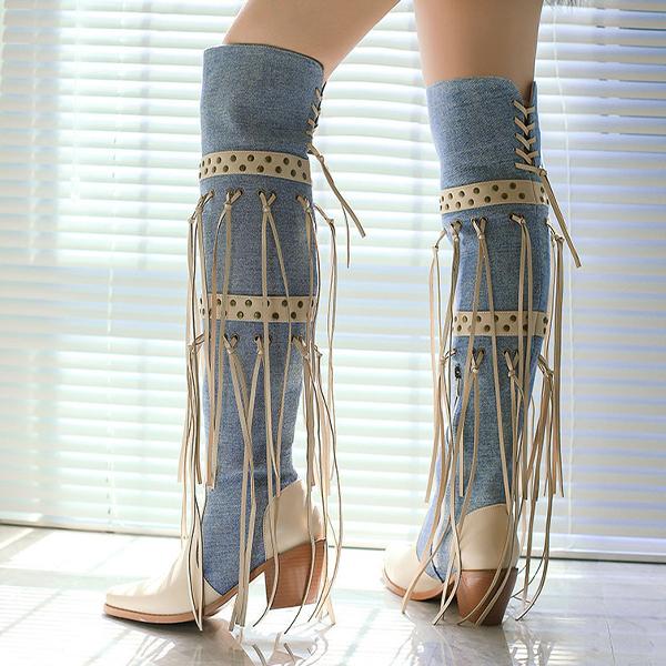 Women's Fashion Stud Tassel Chunky Heel Over-the-Knee Boots 25590507S