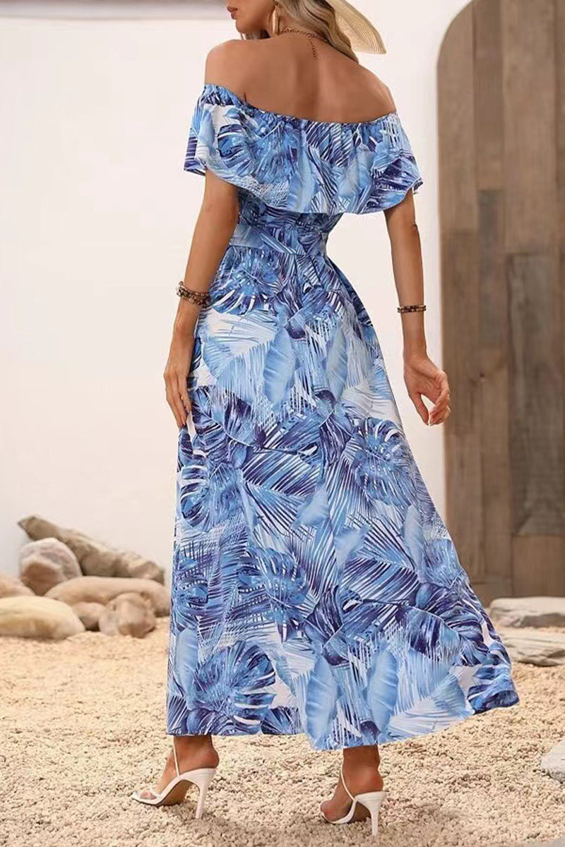 Sexy Vacation Floral Frenulum Slit Off the Shoulder Printed Dress Dresses