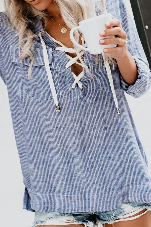 Casual Striped Pocket Cross Straps Turndown Collar Tops