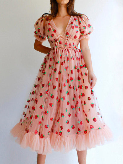 Strawberry Ruffled Midi Dress