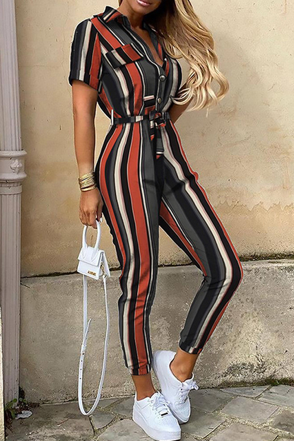 Casual Solid Buckle With Belt Turndown Collar Jumpsuits(12 Colors)