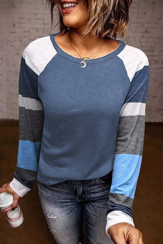 Casual Striped Split Joint Contrast O Neck Tops