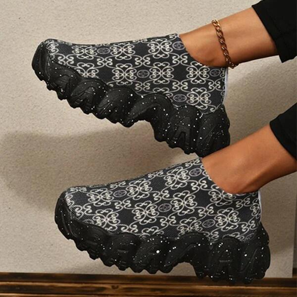 Women's Fashion Print Thick Sole Flying Knit Sneakers