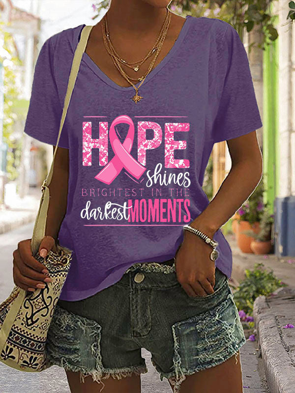 Hope Shines Pink Ribbon V-neck Short Sleeve T-shirt