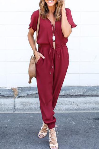 Casual Street Solid Frenulum V Neck Jumpsuits(3 Colors)