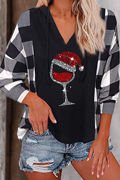 Casual Plaid Print Draw String Hooded Collar Tops