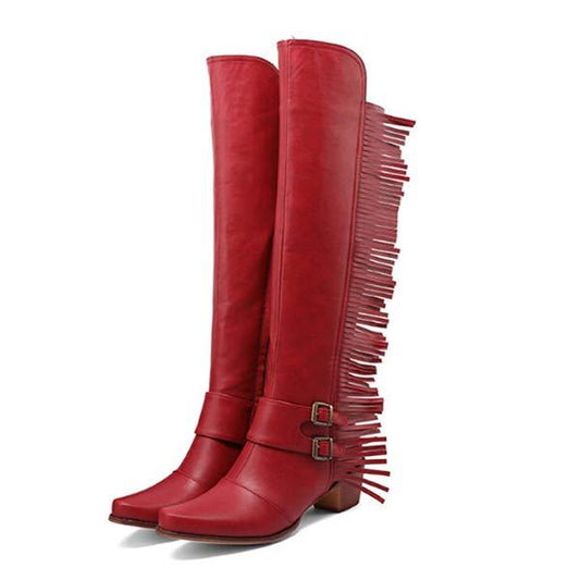 Women's Chunky Heel Rider Knee-High Fringe Boots 37228058C