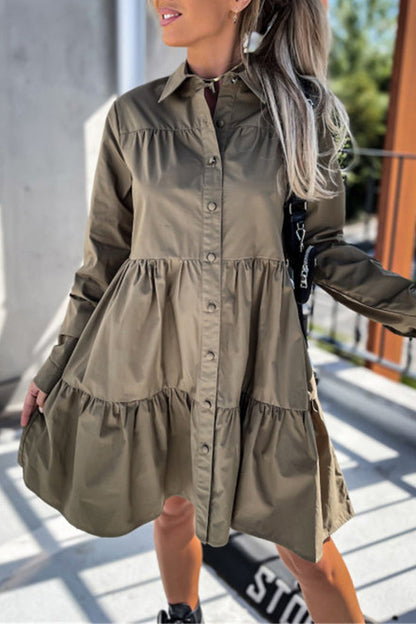 Casual Solid Buckle Turndown Collar Shirt Dress Dresses(4 Colors)