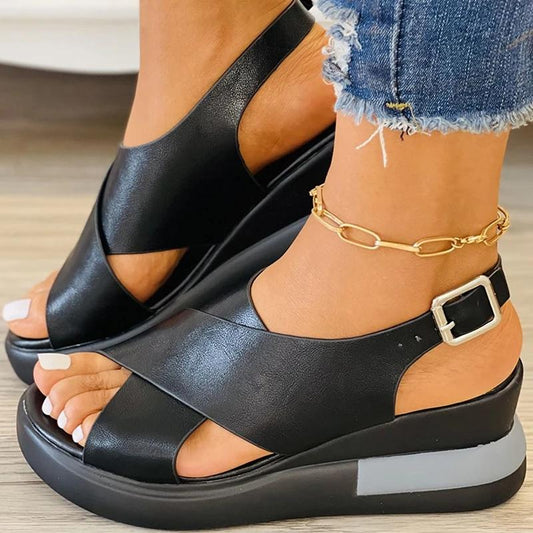 Women Casual Comfotable Pu Color-Blocking Wedge Heel Sandals