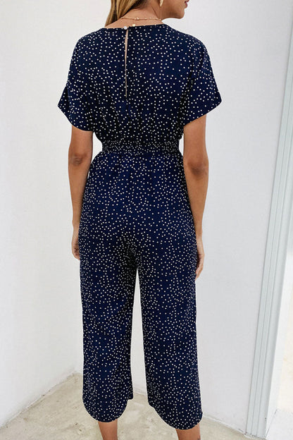 Fashion Casual Dot Patchwork V Neck Loose Jumpsuits