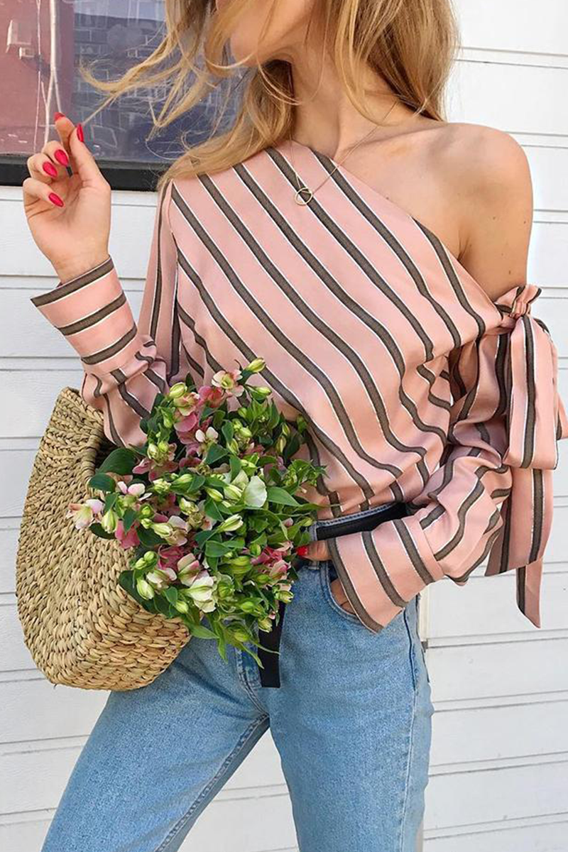 Daily Striped Patchwork One Shoulder Tops