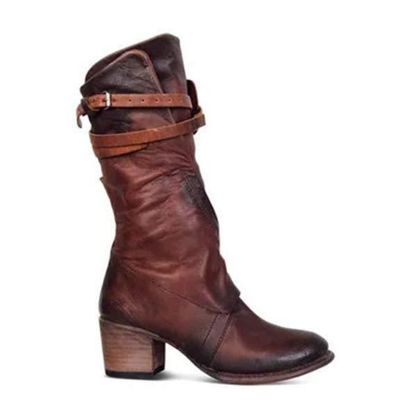 Women's Chunky Heel High Shaft Riding Boots with Belt Buckle High Heel Boots 55190084C