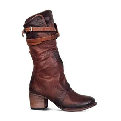 Women's Chunky Heel High Shaft Riding Boots with Belt Buckle High Heel Boots 55190084C