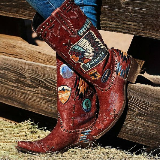 Women's Fashion Retro Illustration Mid Boots 08444275S