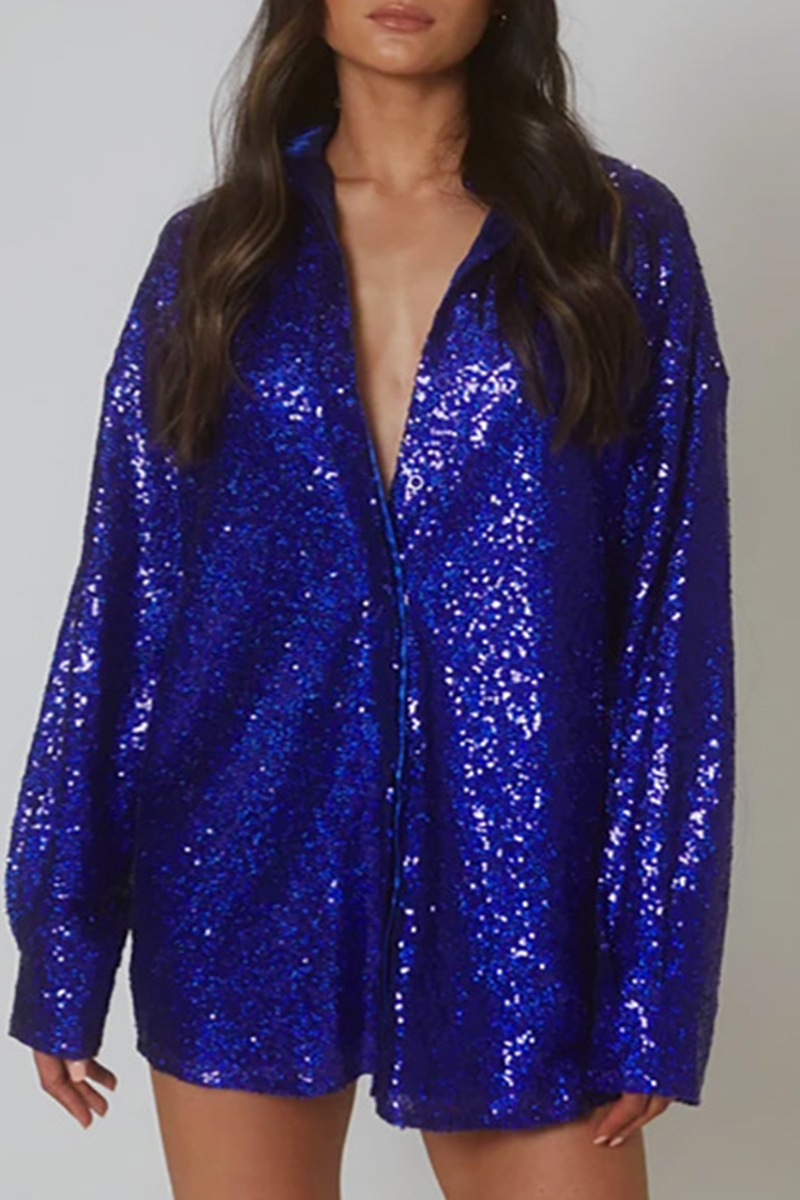 Casual Solid Sequins Shirt Dress Dresses