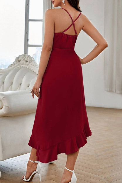 Sweet Elegant Solid Flounce V Neck Sling Dress Dresses