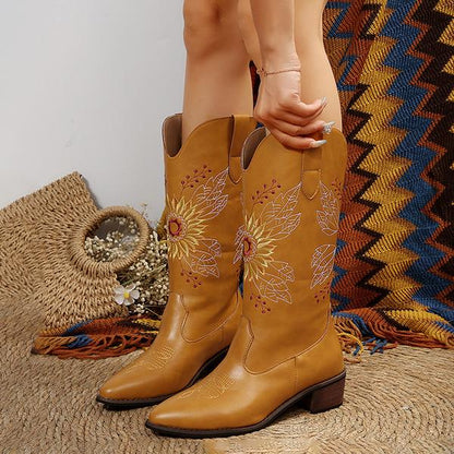 Women's Fashion Sunflower Embroidery Tall Boots 87416869S