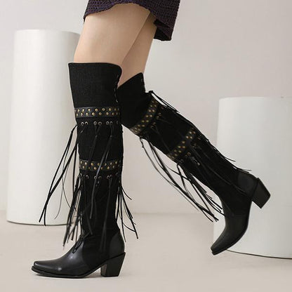 Women's Fashion Stud Tassel Chunky Heel Over-the-Knee Boots 25590507S