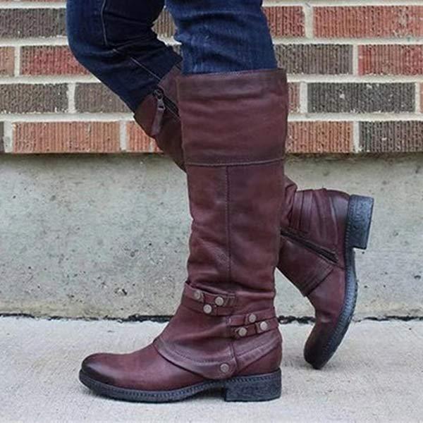 Women's Low Heel Square Toe Riding Boots with Belt Buckle High Shaft Boots 48479688C