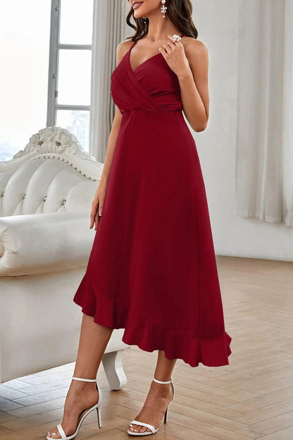 Sweet Elegant Solid Flounce V Neck Sling Dress Dresses