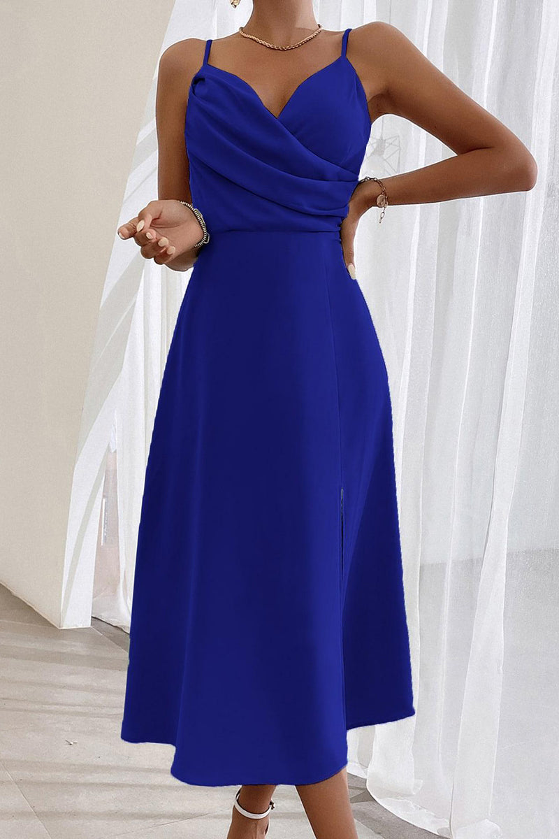 Vintage Elegant Solid Fold V Neck A Line Dresses