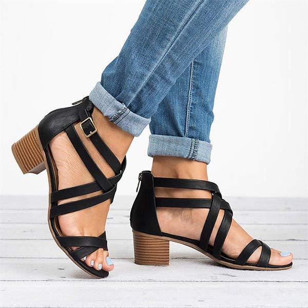 Women'S Chunky Heel Back Zipper Sandals 95324033C