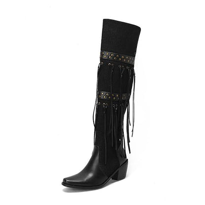 Women's Fashion Stud Tassel Chunky Heel Over-the-Knee Boots 25590507S