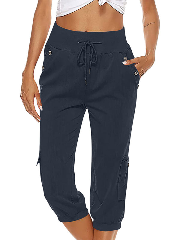 Women's Drawstring Cargo Pants Elastic Waist Casual Capri