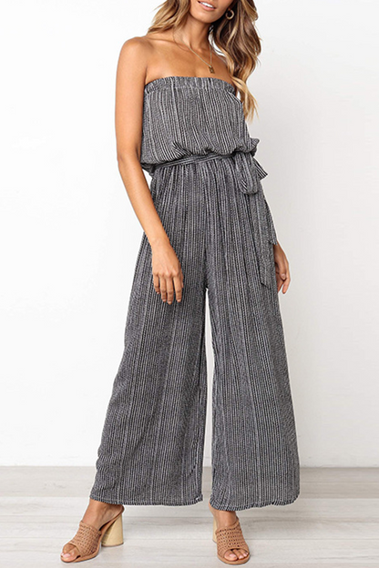 Street Striped Split Joint Frenulum Strapless Straight Jumpsuits