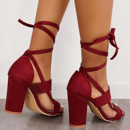 Lace Up Chunky Block High Heel Sandals Ankle Strap Dress Heels