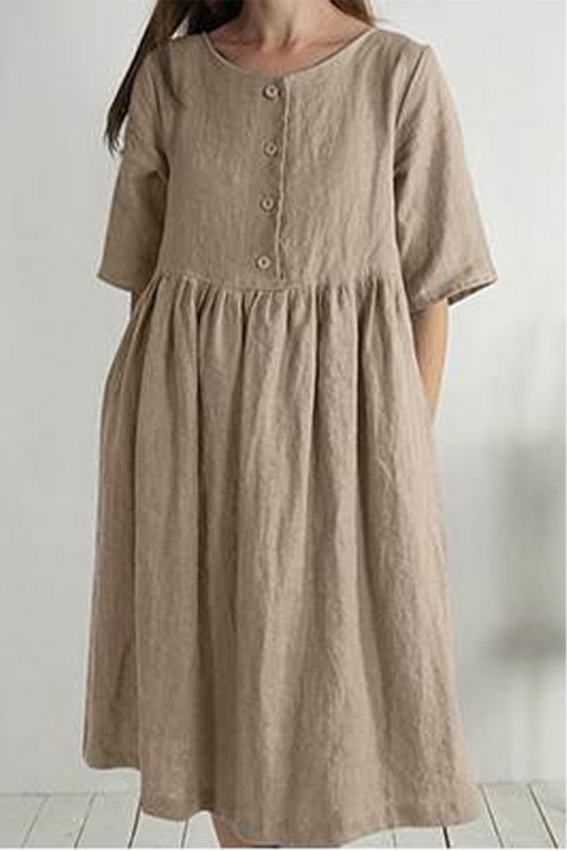 Casual Solid Buttons O Neck Short Sleeve Dress