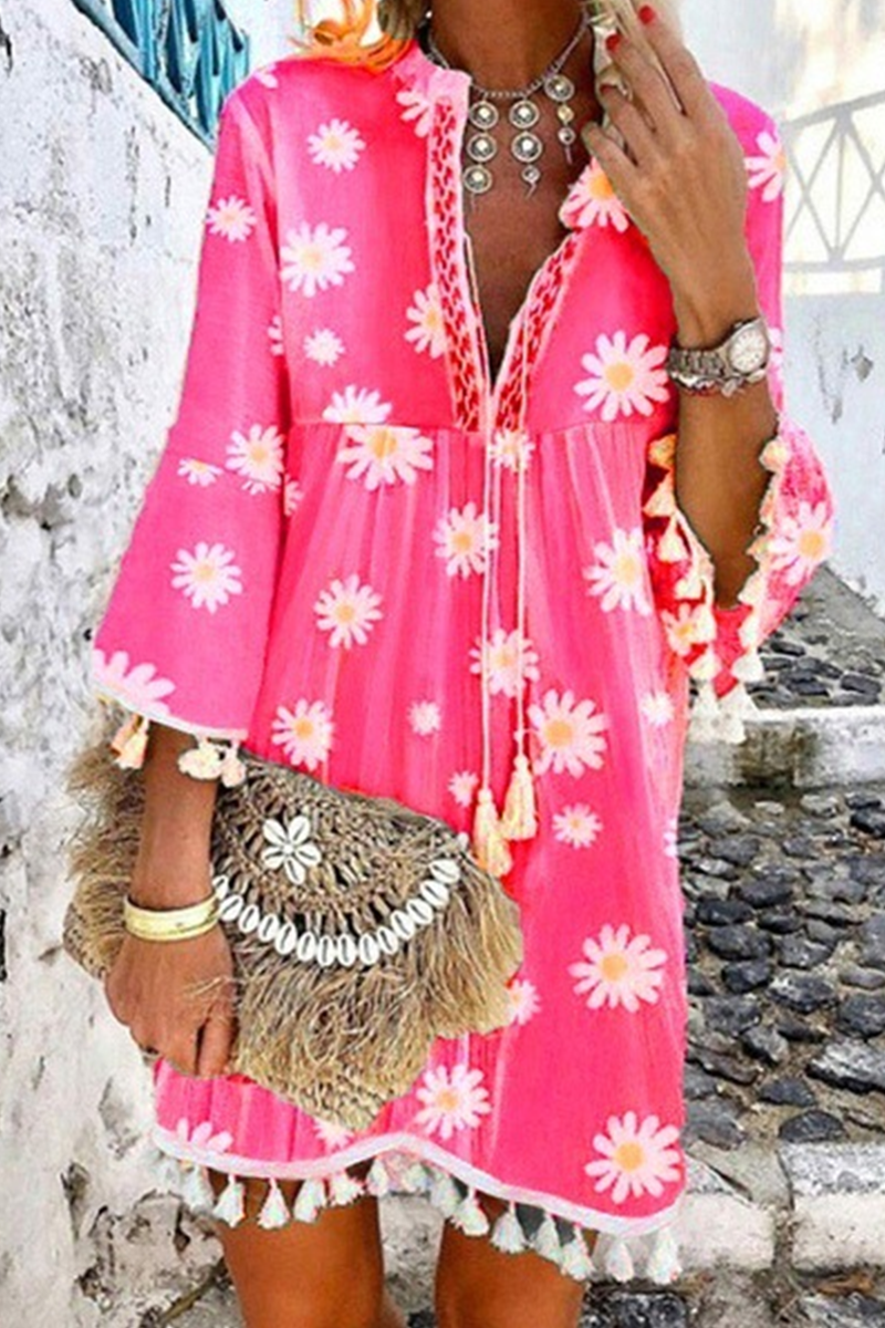 Elegant Patchwork Floral Tassel V Neck A Line Dresses