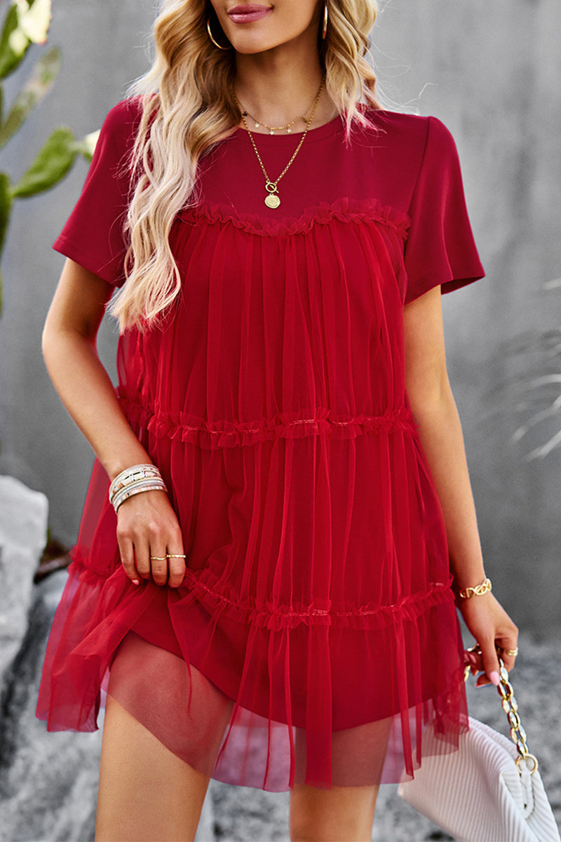 Sweet Elegant Solid Mesh O Neck Short Sleeve Dress