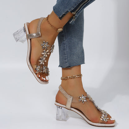 Women's Faux Rhinestone Floral Decor Chunky Heeled Sandals