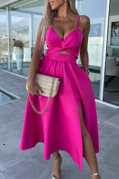 Sexy Celebrities Solid Hollowed Out Pocket Slit V Neck Evening Dress Dresses