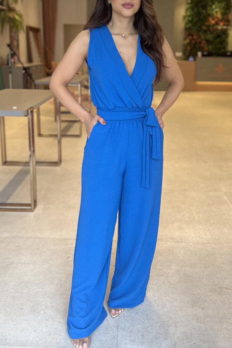 Sexy Elegant Solid With Belt V Neck Regular Jumpsuits