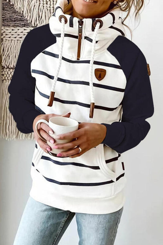 Fashion Casual Striped Patchwork Hooded Collar Tops(3 colors)