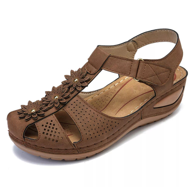 Faux Leather Hook & Loop Sandals - Women's Open Toe Casual Shoes