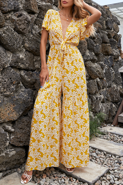 Elegant Floral Split Joint Strap Design V Neck Jumpsuits