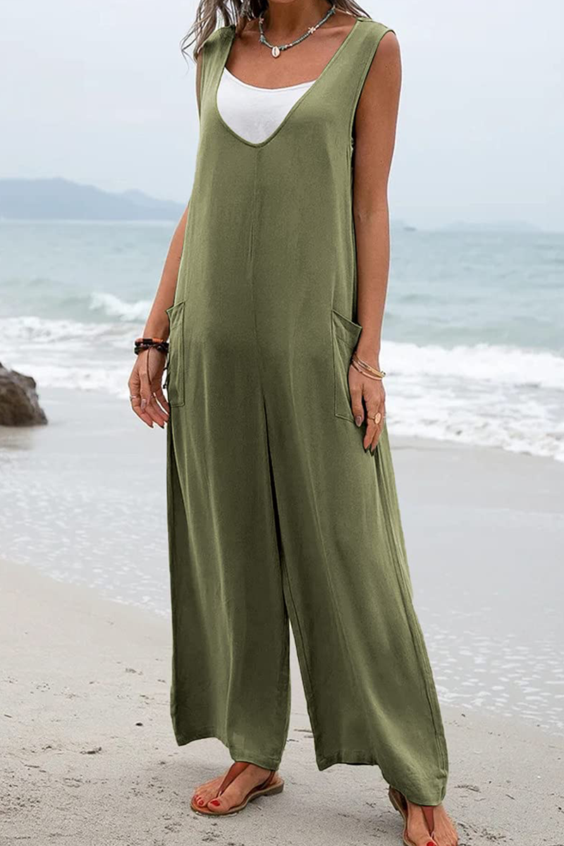 Casual Solid Patchwork U Neck Straight Jumpsuits