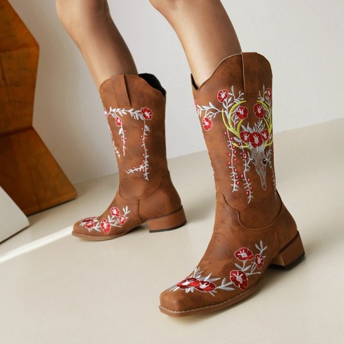 Vintage Embroidery Flower Western CowboyBoots