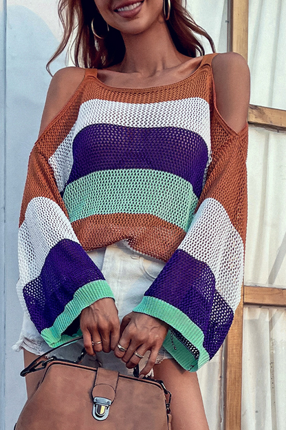 Casual Striped Patchwork O Neck Tops