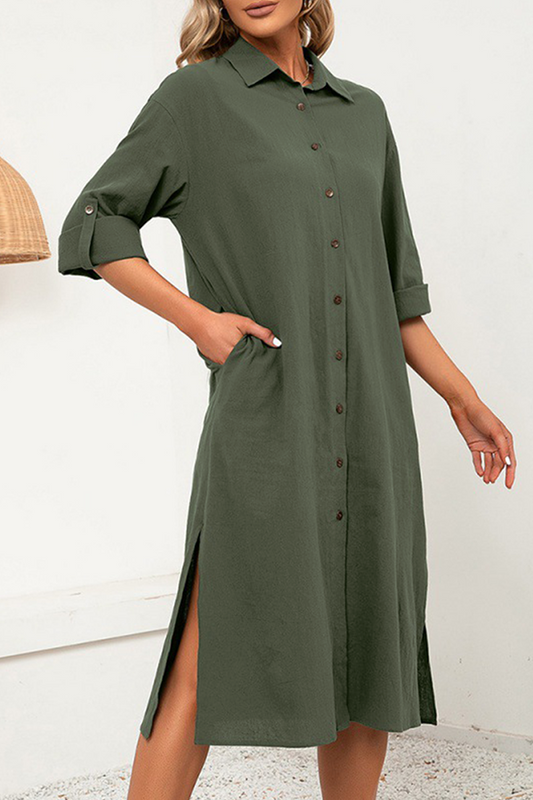 Casual Solid Split Joint Buckle Turndown Collar Shirt Dress Dresses